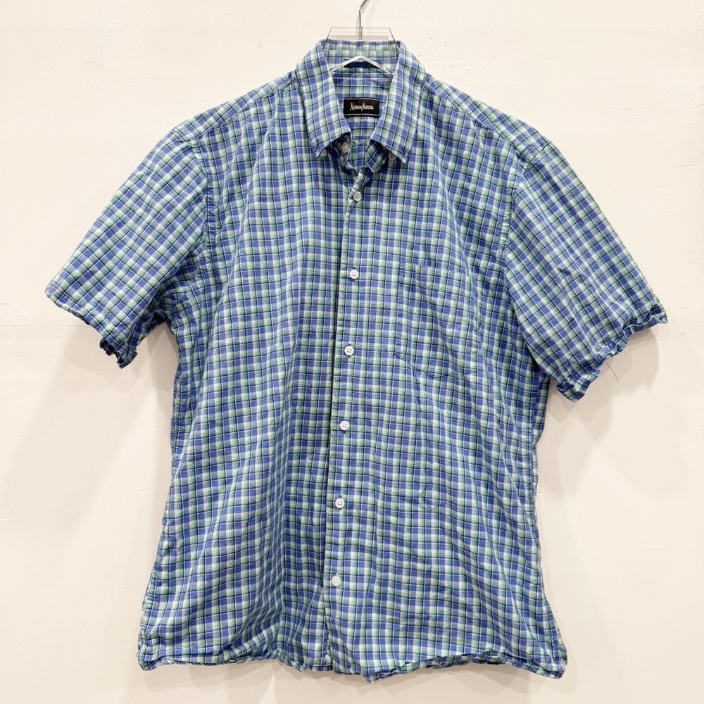 Neiman Marcus Check Short Sleeve Button Down Shirt Blue Medium
